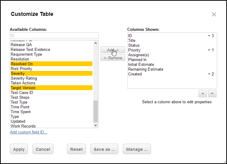 Multi-select in configure table dialog