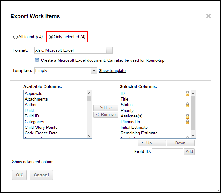 Export manual Work Item selection from table