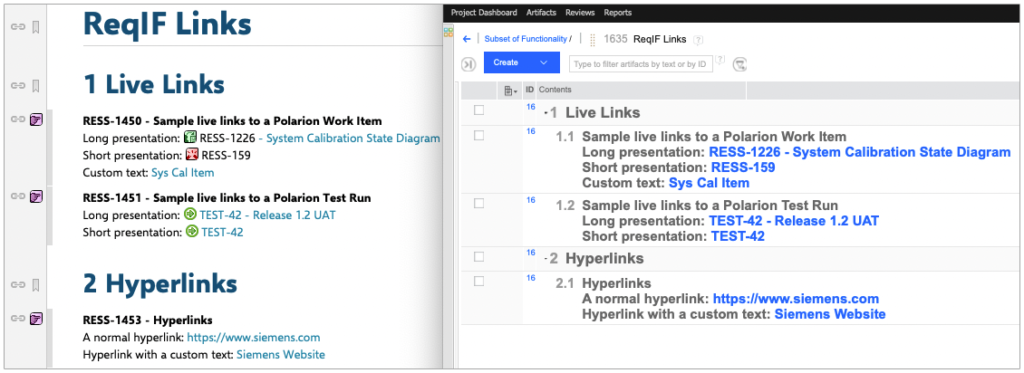 Polarion Live Links in ReqIF