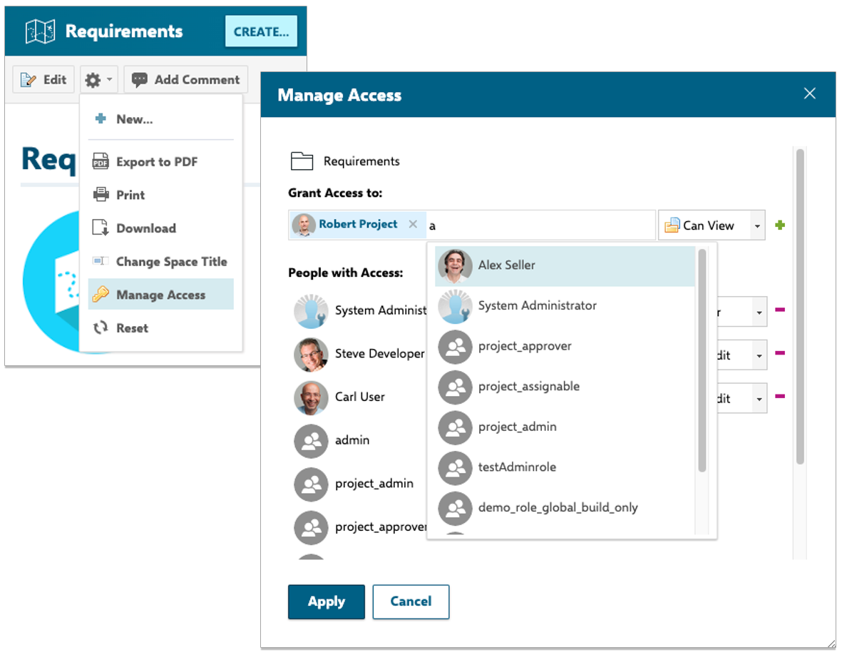 Space Permissions: Manage Access Dialog