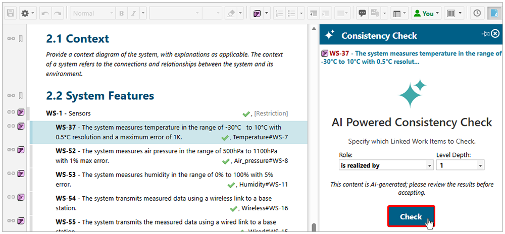 The Consistency Check traverses all linked Work Items as per the selected Role and Depth.