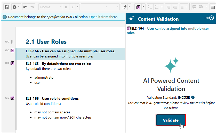 Just select a Requirement and run Content Validation.