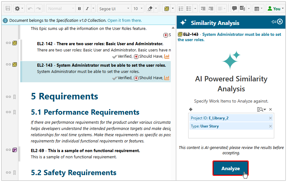 Similarity Analysis executes on the selected Work Item against work items returned by the query.