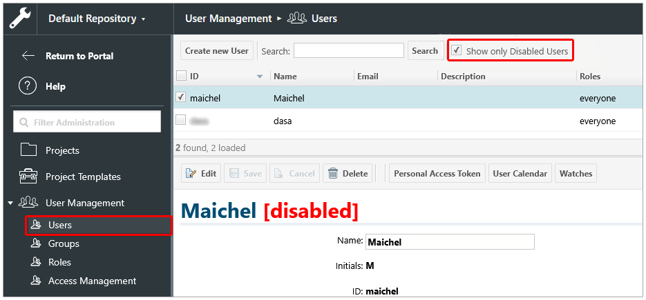 Delete disabled users in Polarion