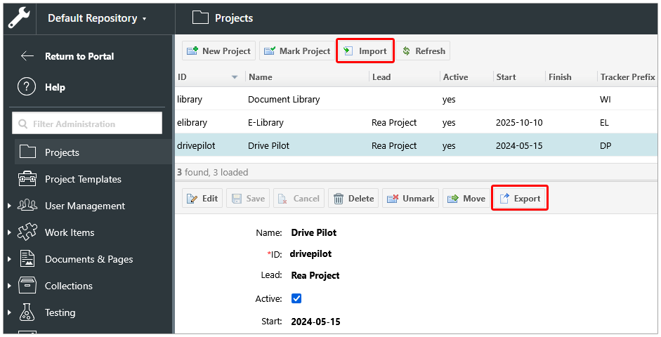 New Import/Export Project options in the Project topic in Administration.