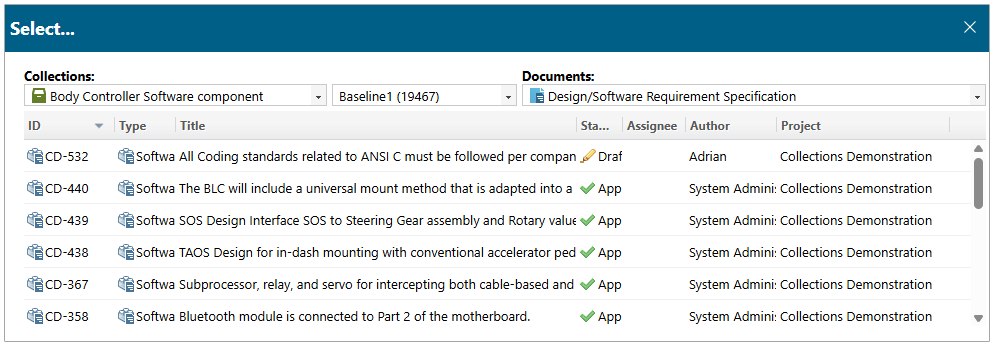 To improve productivity, the OSLC picker allows you to select Work Items by Collection and/or Document revision.