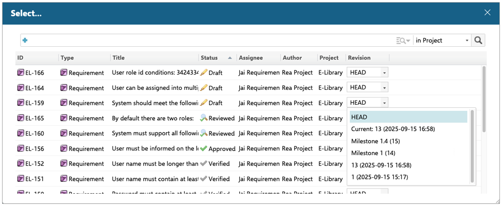 The OSLC picker now allows you to select a work-item revision to link.