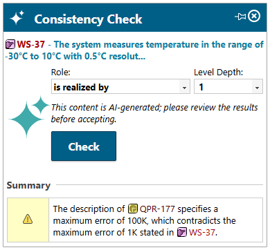 A consistency summary is generated for every issue found with any linked Work Item.