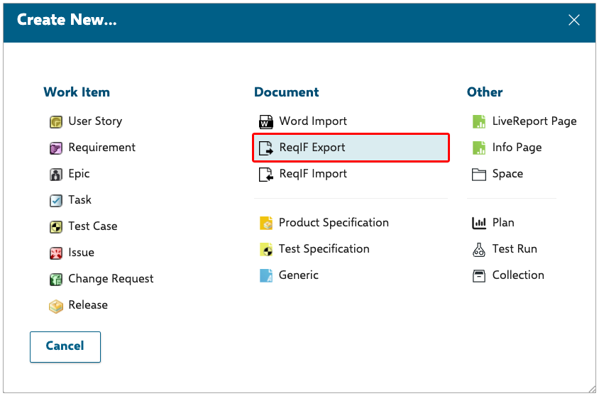 Import or Export ReqIF documents from the Quick Create menu.