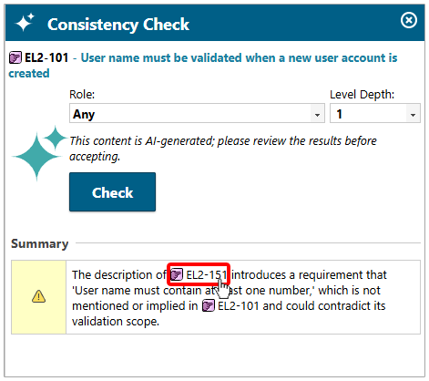 A consistency summary is generated for every issue found with any linked Work Item.