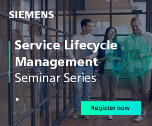 Service technicians with a banner on the Service Lifecycle Management seminar series