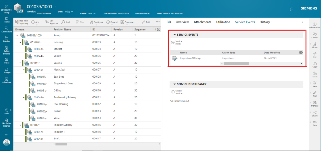 service engineering capability in Teamcenter SLM - service event screen shot