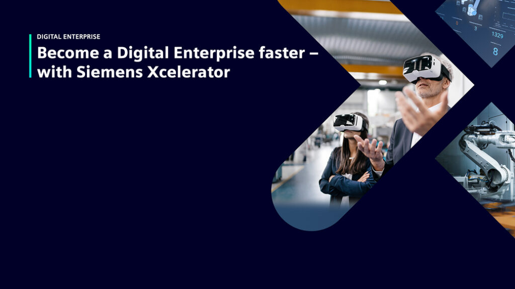 Siemens Xcelerator icon with text: Become a digital enterprise faster with Siemens Xcelerator