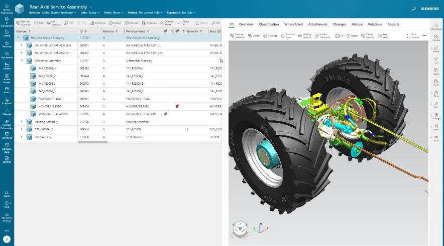 Screen shot of Siemens Teamcenter service lifecycle management software with a piece of heavy equipment