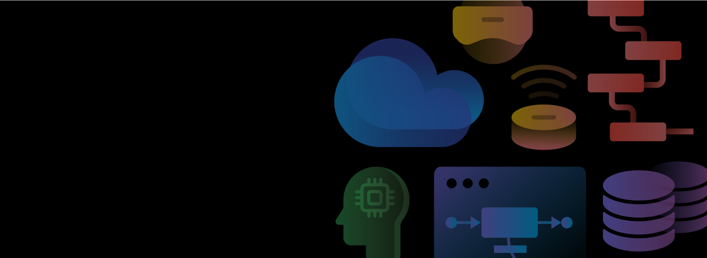 A graphic with a black background and solid primary color illustrations of tech icons including a cloud, a chip and networking icons
