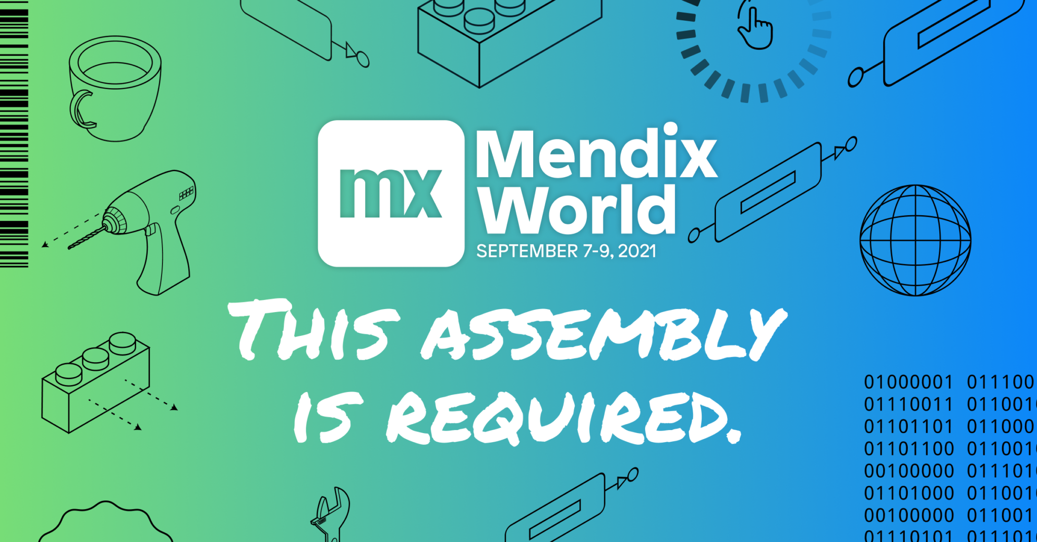 Logo for Mendix World 2021 with the words "Mendix World This Assembly Is Required"