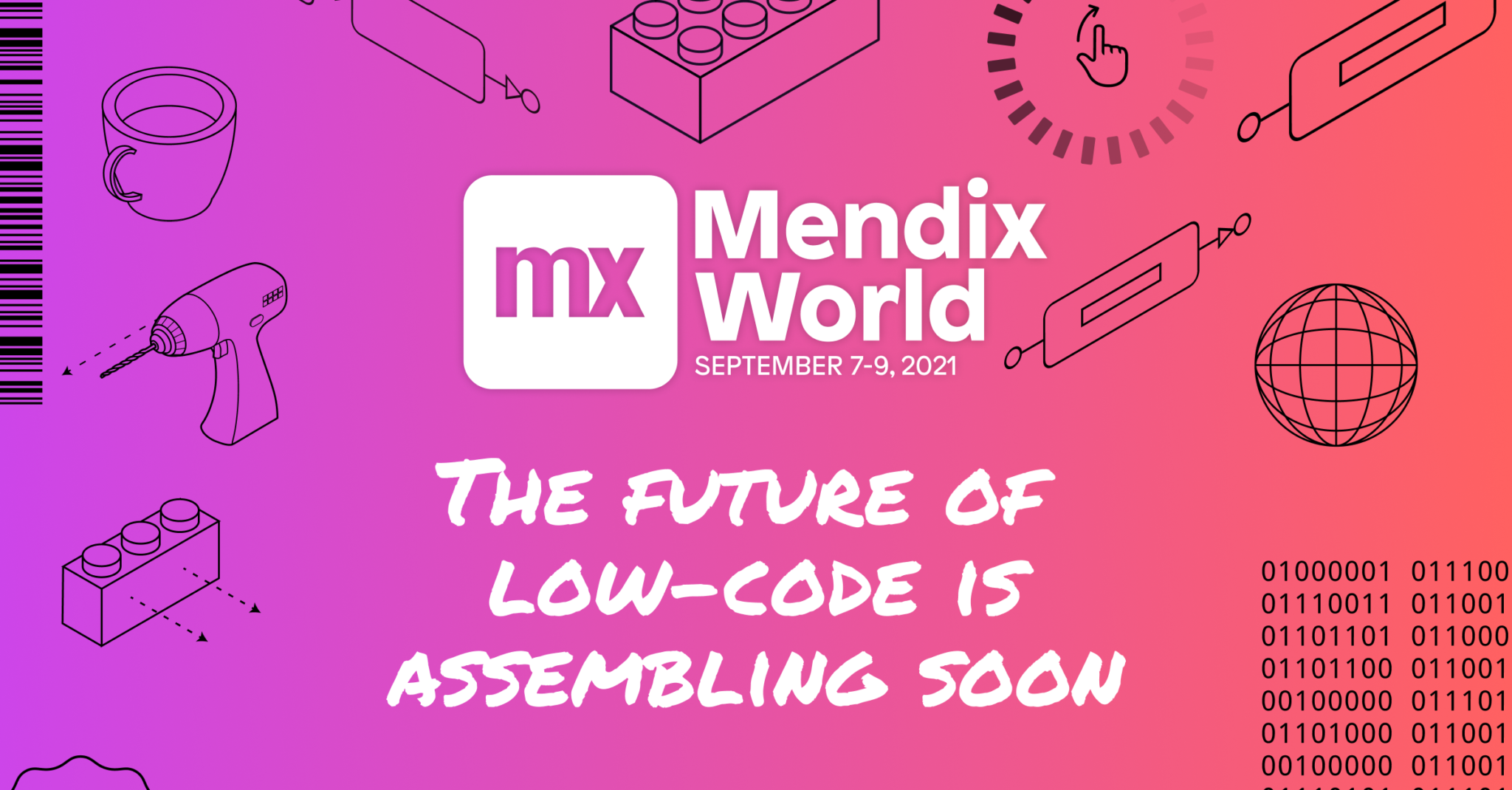 Mendix World logo with the words: "Mendix World The future of low-code is assembling soon"