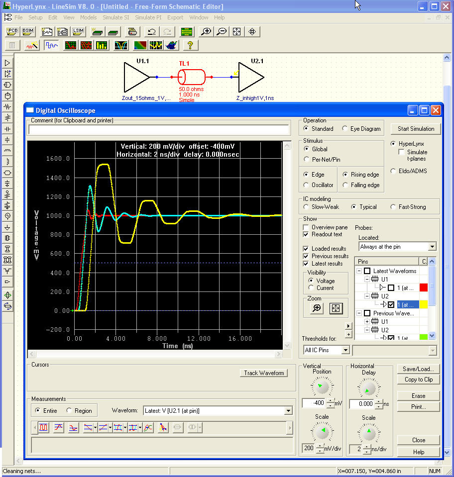 Yellow waveform = 1ns trace delay, blue=333ps, and red=100ps