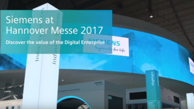 A banner with the image of a tradeshow boot and the text Siemens at Hannover Messe 2017; Discover the value of the digital enterprise