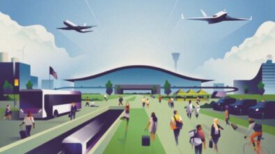 Illustration of the view of an airport from outside. People, planes, and trains are all present.