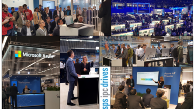 A collage of images from a Microsoft tradeshow booth.
