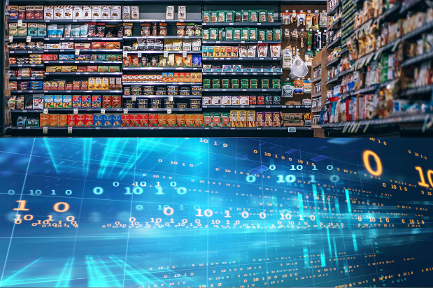 A horizontally split image with the shelves of a grocery store on top and and grahical representation of data with 1s and 0s in a blue grid on bottom
