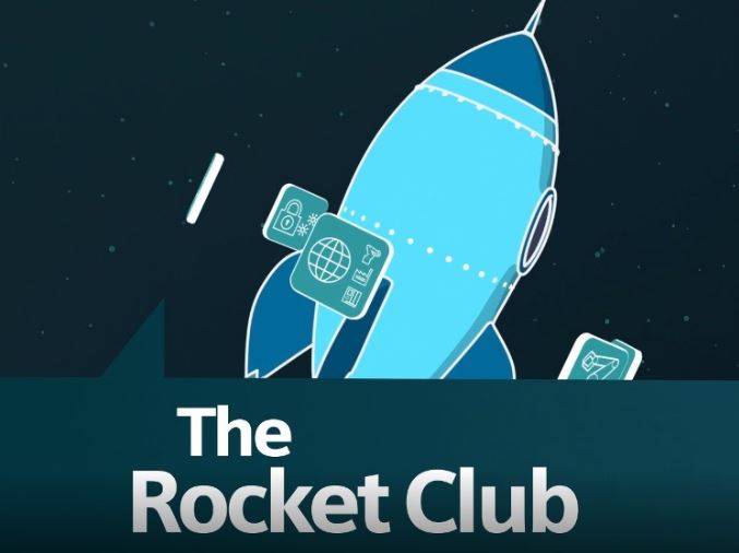 Illustration of a rocket with the words "The Rocket Club" overlaid