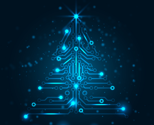 Illustration of a Christmas tree made up of circuits, like a chip