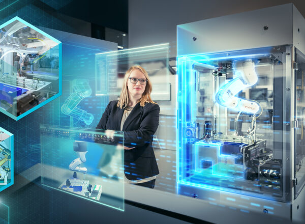 Blonde woman wearing glasses looking at a digital overlay of robotic machines