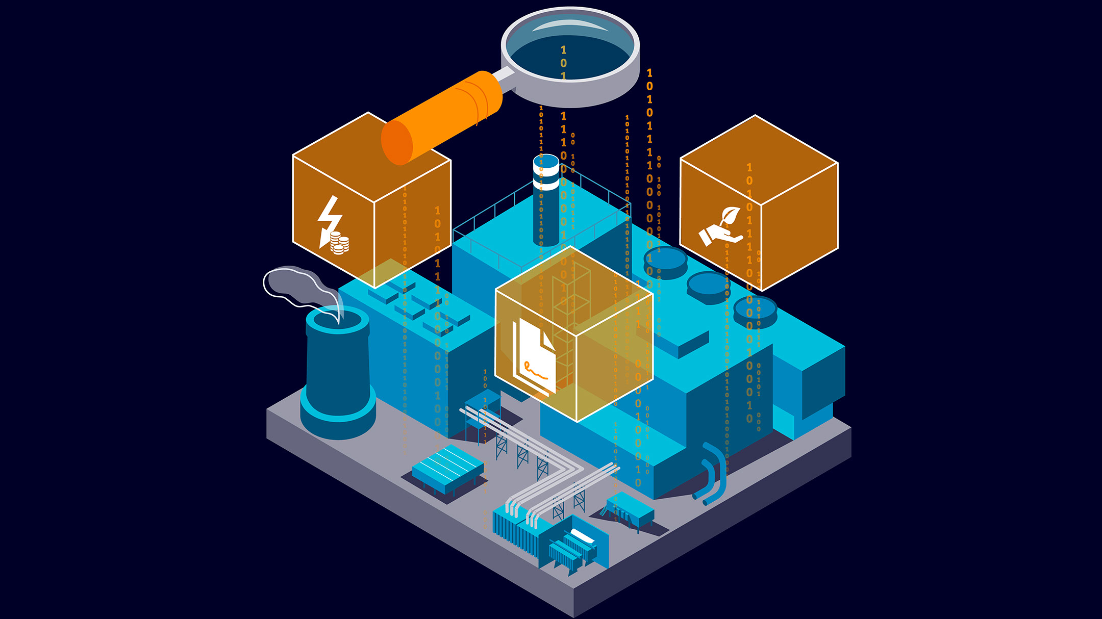 Graphical image of a factory with a magnifying glass and icons representing energy and conservation