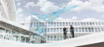 Two men in suits on an outdoor walkway with a digitized airplane overlay