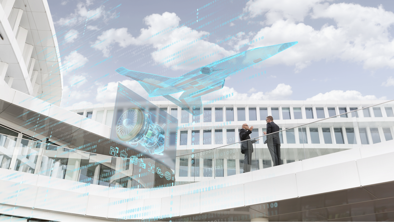 Two men in suits on an outdoor walkway with a digitized airplane overlay