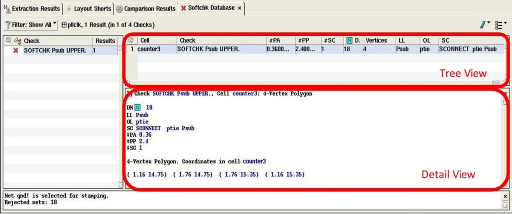 Screenshot of soft check database display in Calibre RVE viewer, with tree and detail results.