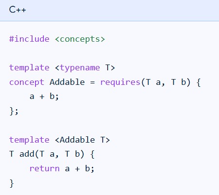 Code showing a C++ concepts example.