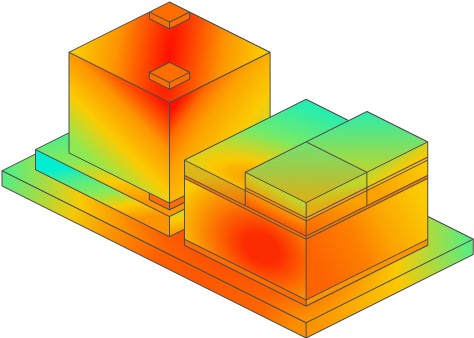 An isometric view of two stacked integrated circuit (IC) blocks on a base, color-coded to visualize thermomechanical stress loads. Red indicates higher stress, transitioning through orange and yellow to green and light blue for lower stress.