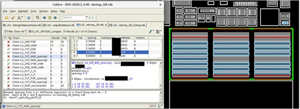 A screenshot of Calibre RVE tool interface. The main window displays a list of results of various latch-up guard ring checks. The right side of the image shows a representation of the layout, highlighting the maximal distance error between P aggressor and N guard ring.