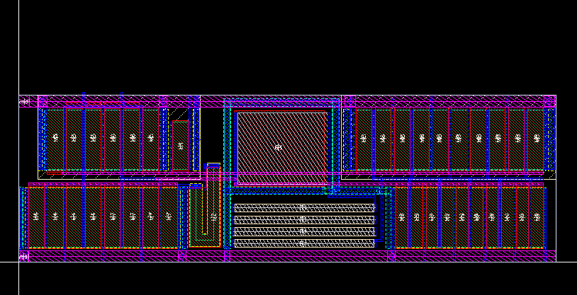 Physical layout view of an integrated circuit op-amp, displaying various layers and patterns representing active devices, and interconnects with metal routing. The image features multiple rectangular transistor arrays, a large central block, and color-coded outlines for different process layers.