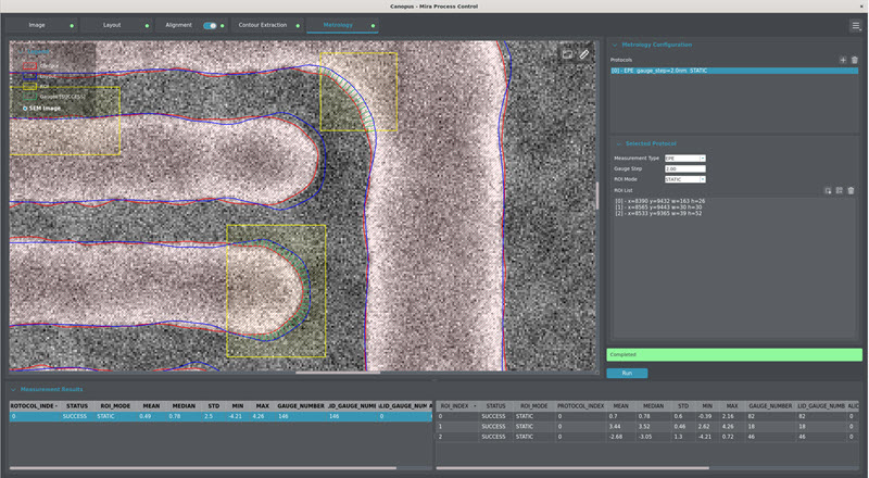 Screenshot of a software interface showing measurement overlays and a debug panel for integrated circuit metals