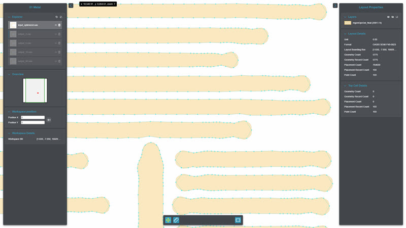 Screenshot of a software interface showing curvilinear shapes with optical proximity correction for semiconductor manufacturing