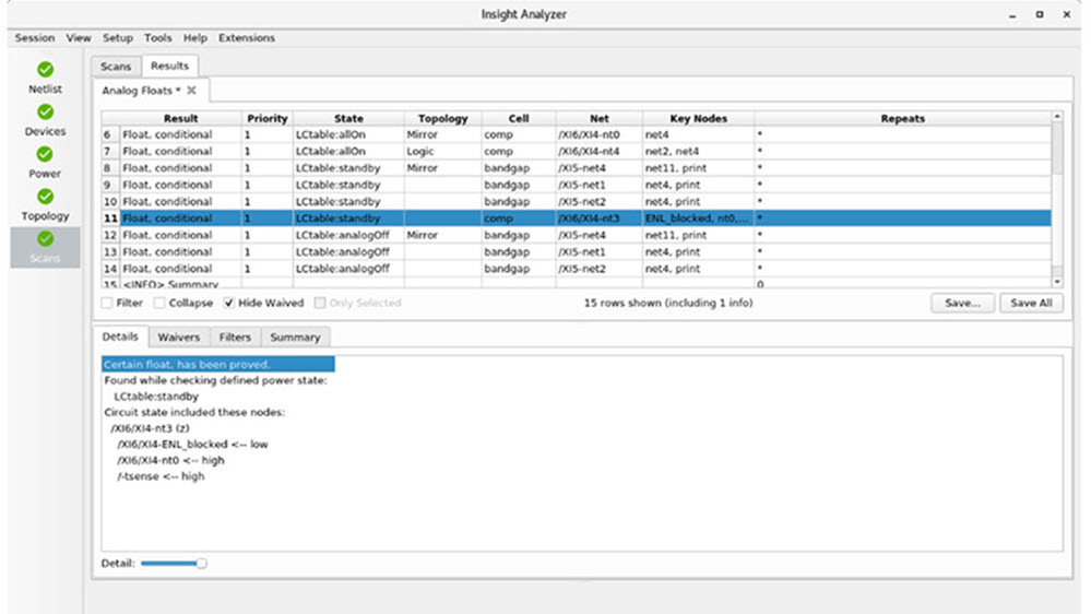 Calibre Insight Analyzer interface with violation summary.