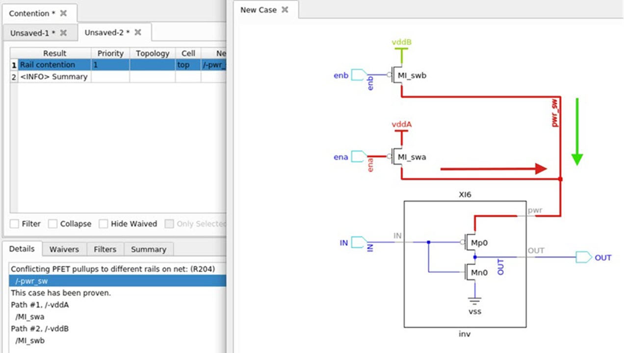 Screenshot showing Siemens Insight Analyzer detecting a rail contention case. The left pane lists a proven contention. The right pane diagram highlights two parallel PFET pullup switches