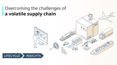Illustration with text that says Overcoming the Challenges of a Volatile Supply Chain