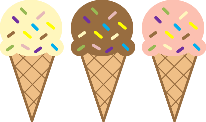 Three ice cream cones, vanilla, chocolate, and strawberry