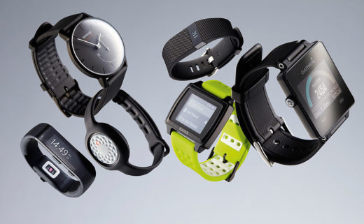 A selection of wearable fitness trackers, including (L-R) a Microsoft Band, Withings Activite Pop, Jawbone Up Move, Fitbit Charge HR, Basis Peak and a Garmin Vivoactive, taken on April 23, 2015. (Photo by Joby Sessions/T3 Magazine via Getty Images)