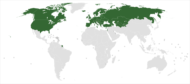 The UN ECE region: more than Europe alone. Source: https://en.wikipedia.org/wiki/United_Nations_Economic_Commission_for_Europe.