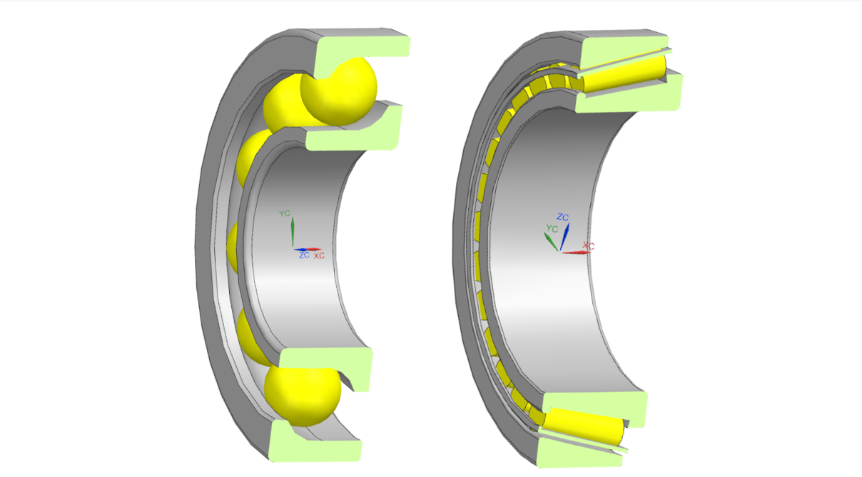 Avoid Bearing failure with Virtual Prototyping. Angular Contact Ball Bearing (ACBB, left), Tapered Roll Bearing (TRB, right), as modeled in Simcenter 3D