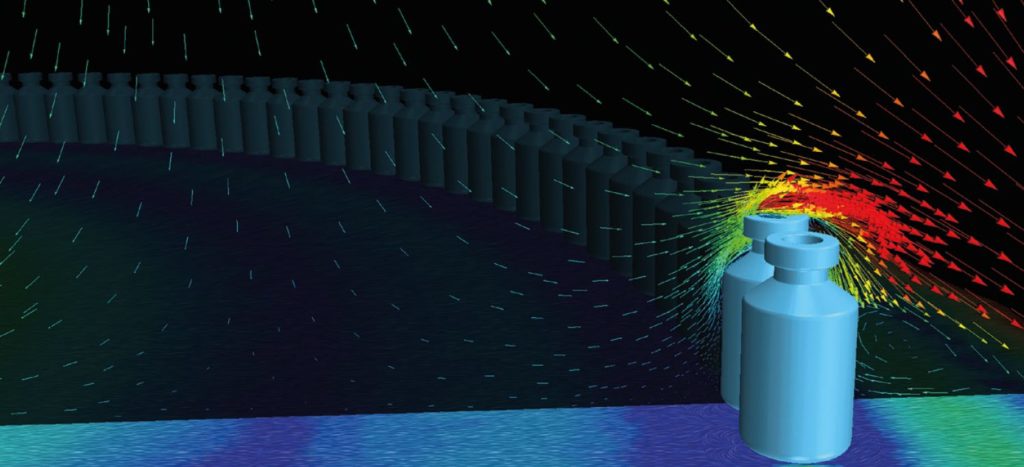 Details of the CFD simulation showing flow impinging on the accumulation table in the cleanroom.