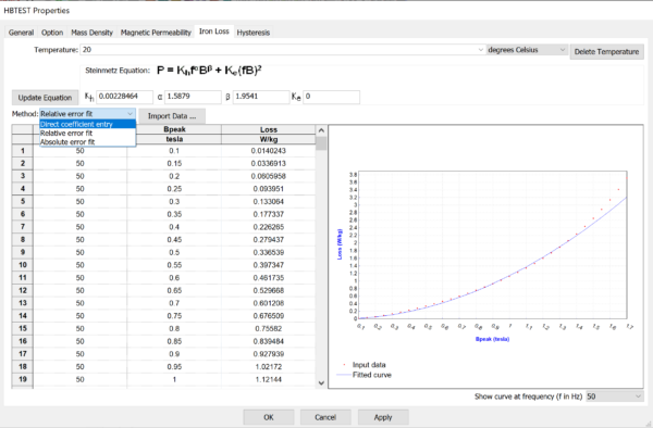 Specifying the Steinmetz equations coefficients for iron loss calculation in Simcenter MAGNET 