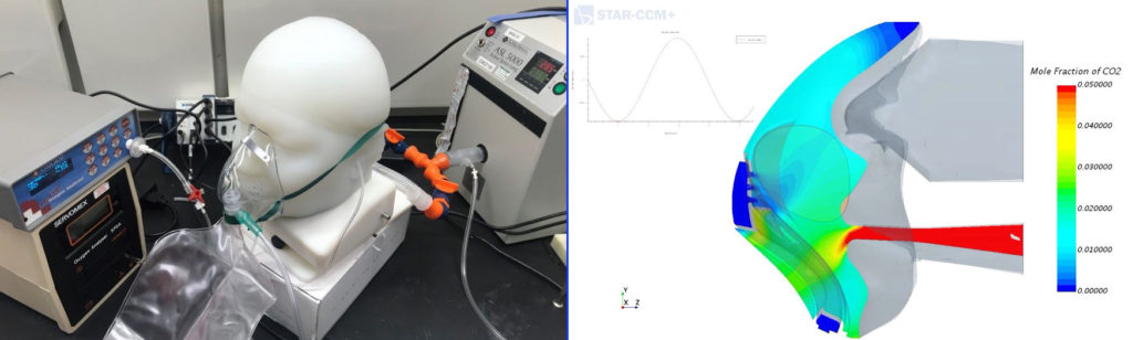 Vyaire respiratory mask on a real patient morphology (left) and Simcenter STAR-CCM+ CFD simulation on the same representative patient geometry (right).