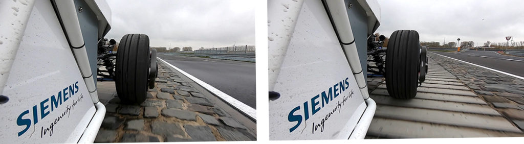 Vehicle durability testing:  Belgian blocks road element (right) and saw tooth profile (left)